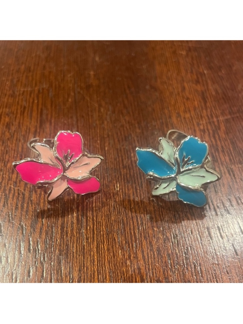 Flower Silver-tone Ring Set (2) w/ Multicolor Enamel Petals Blue, Teal, Pink New